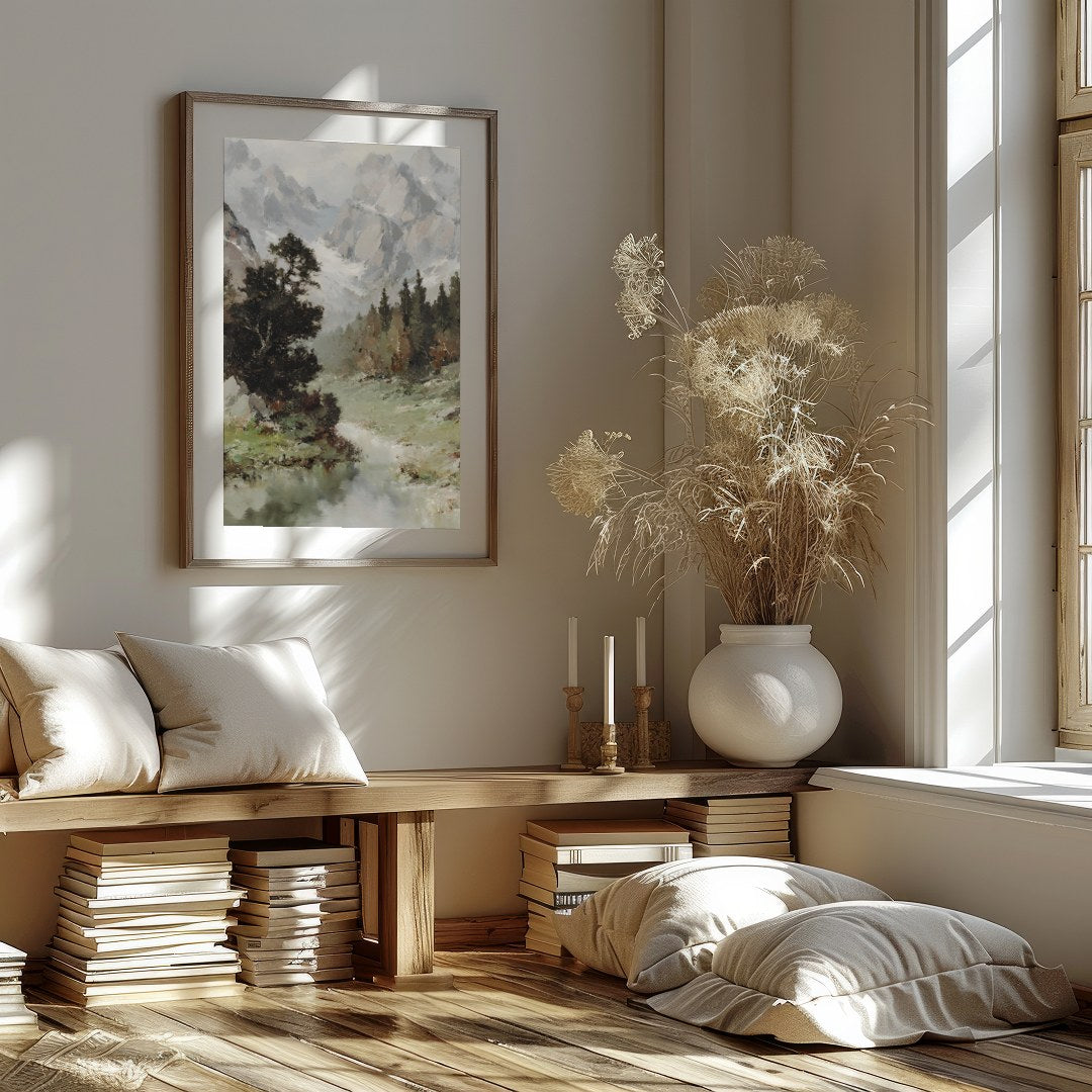 Immerse yourself in the tranquility of this stunning landscape painting. With its grand depiction for abode