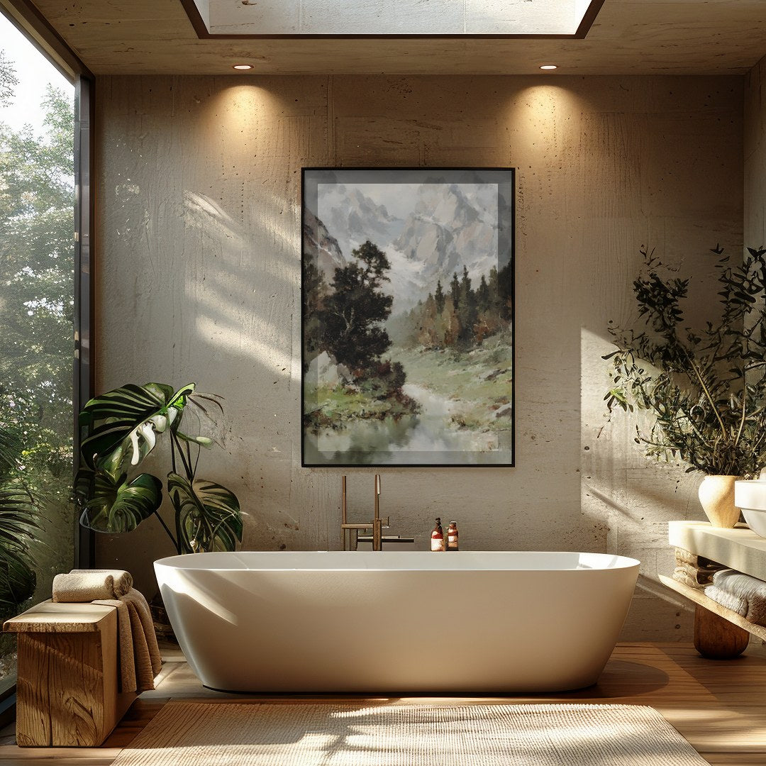 Immerse yourself in the tranquility of this stunning landscape painting. With its grand depiction for Bathroom
