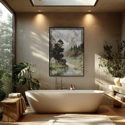 Immerse yourself in the tranquility of this stunning landscape painting. With its grand depiction for Bathroom