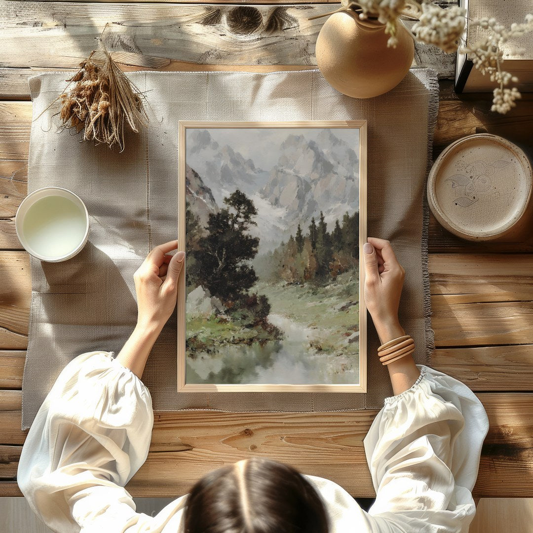 Immerse yourself in the tranquility of this stunning landscape painting. With its grand depiction for Kitchen