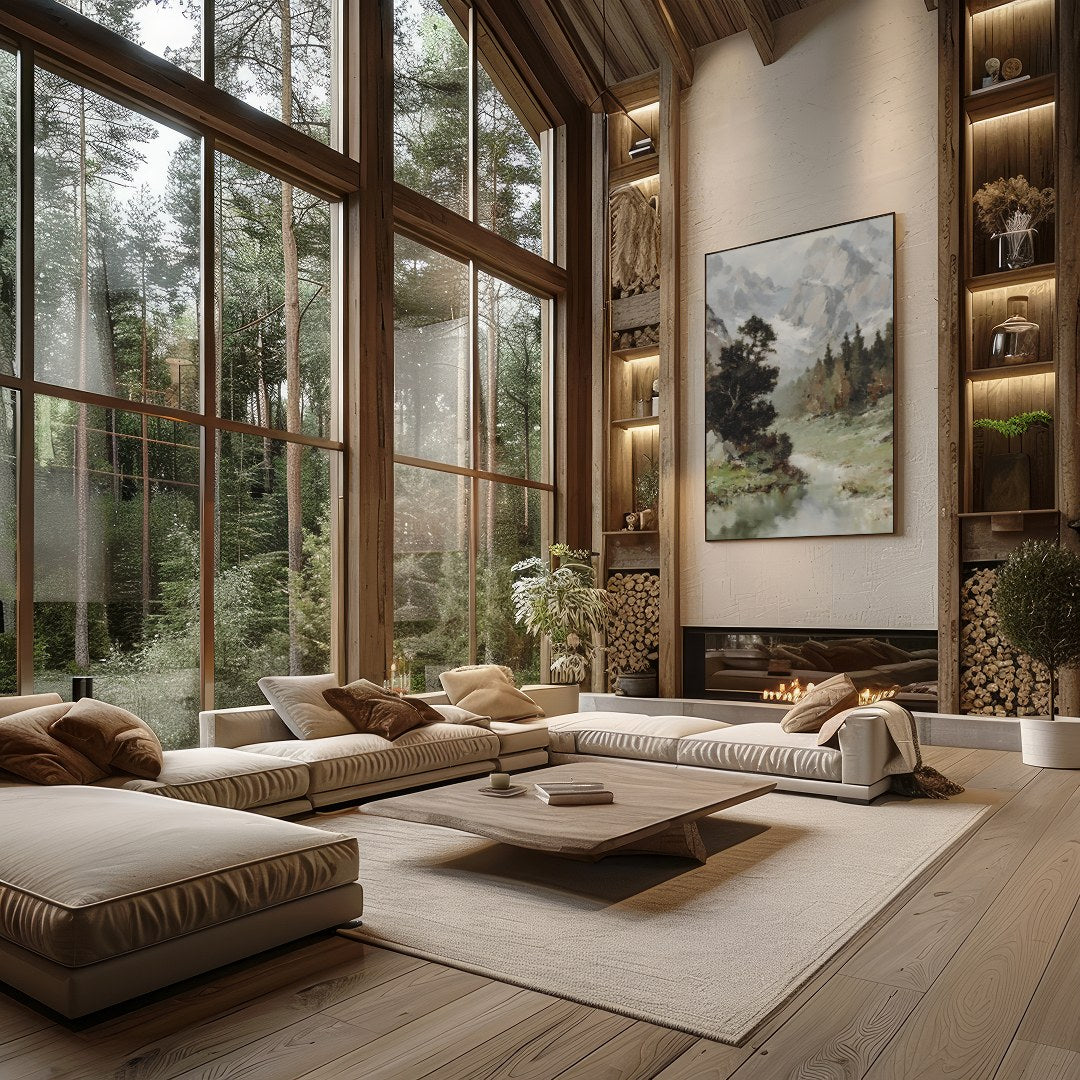 Immerse yourself in the tranquility of this stunning landscape painting. With its grand depiction for Living Room