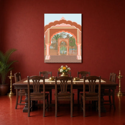 This captivating fine art print showcases a grand Mughal archway, beautifully framing the lush for Dining