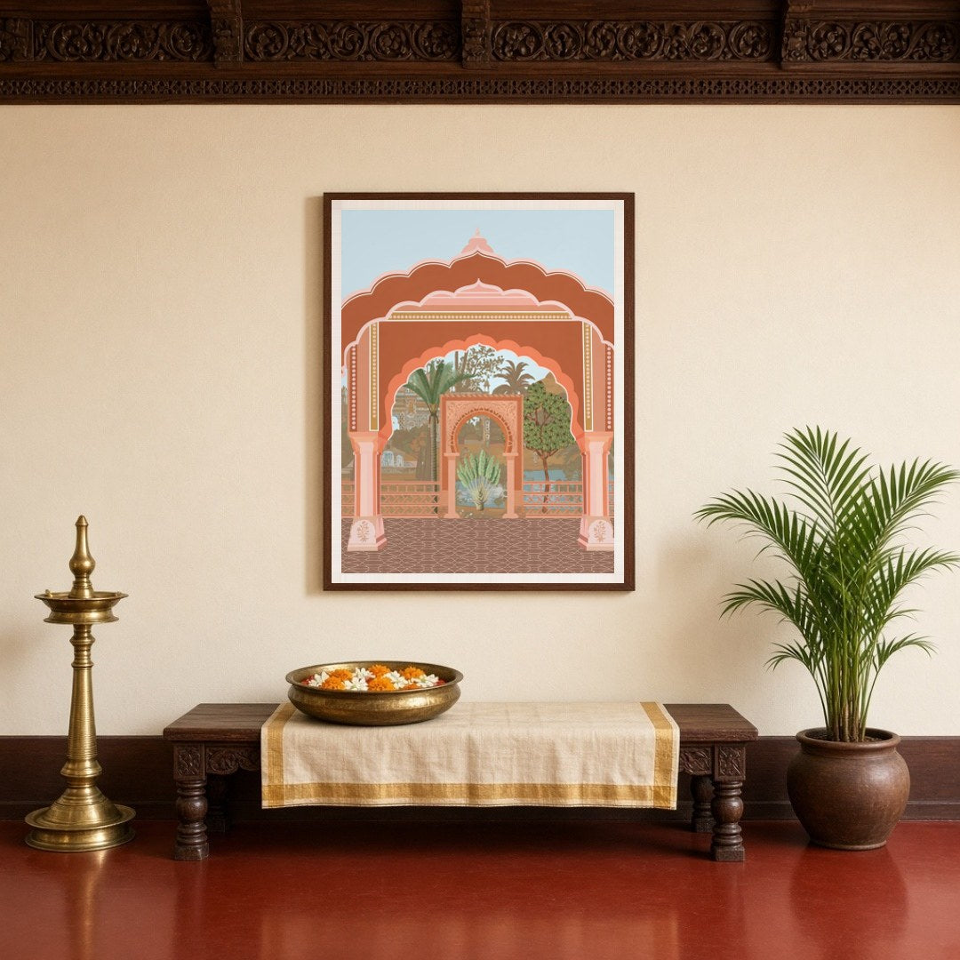 This captivating fine art print showcases a grand Mughal archway, beautifully framing the lush for Entrance
