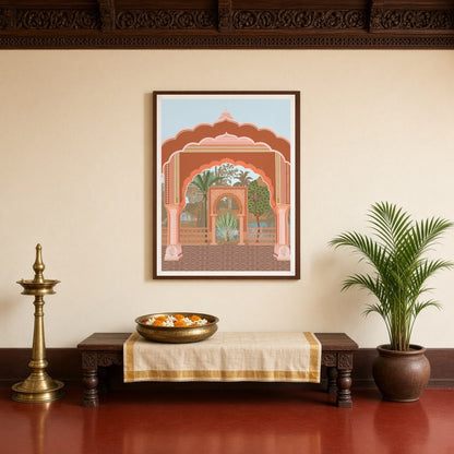 This captivating fine art print showcases a grand Mughal archway, beautifully framing the lush for Entrance