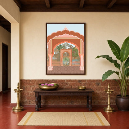 This captivating fine art print showcases a grand Mughal archway, beautifully framing the lush for Hallway