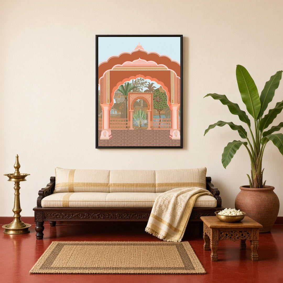 This captivating fine art print showcases a grand Mughal archway, beautifully framing the lush for Living Room