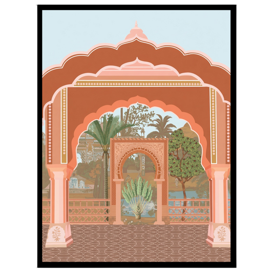 This captivating fine art print showcases a grand Mughal archway, beautifully framing the lush for room