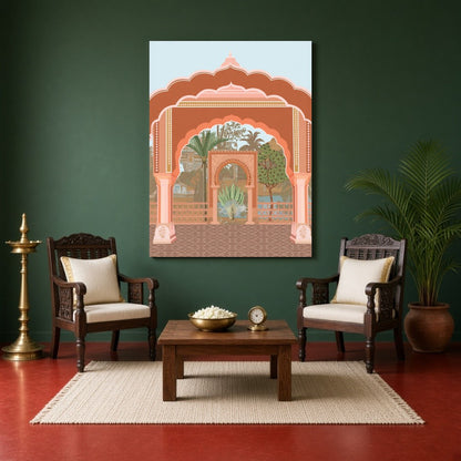 This captivating fine art print showcases a grand Mughal archway, beautifully framing the lush for Sitting Area