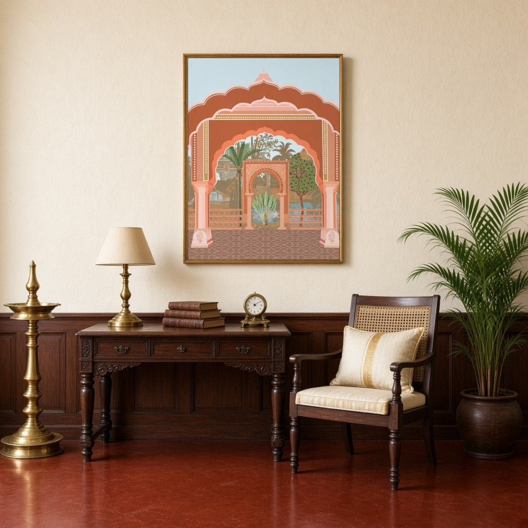 This captivating fine art print showcases a grand Mughal archway, beautifully framing the lush for Study