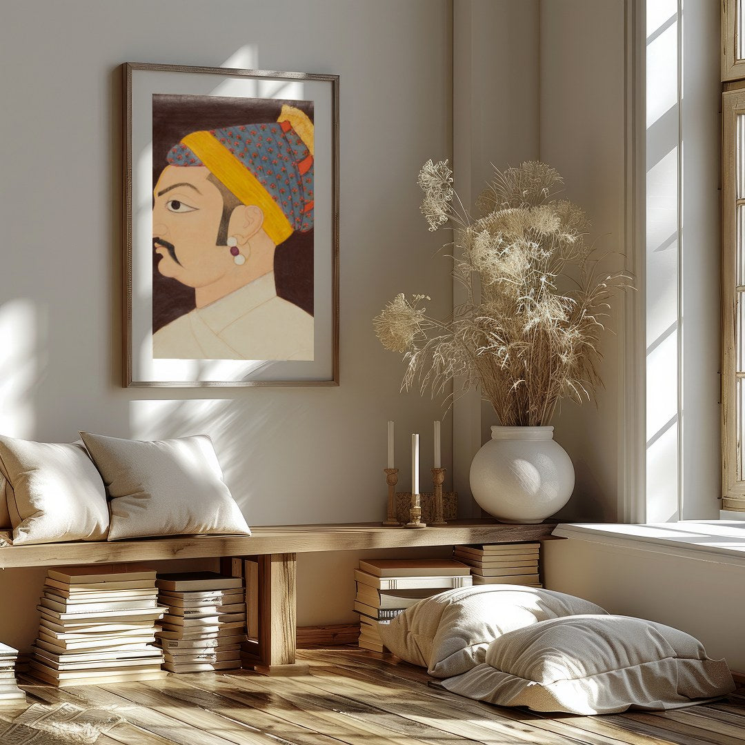 This exquisite artwork captures the regal elegance of a Mughal emperor, showcasing meticulous for bedroom