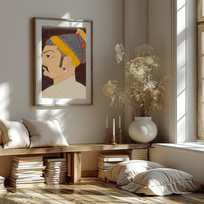 This exquisite artwork captures the regal elegance of a Mughal emperor, showcasing meticulous for bedroom