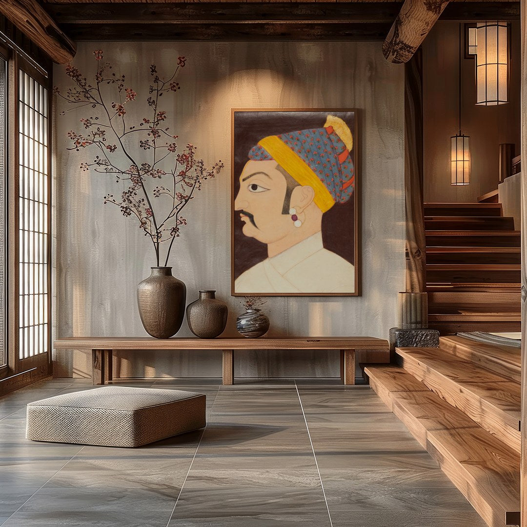 This exquisite artwork captures the regal elegance of a Mughal emperor, showcasing meticulous for Hall