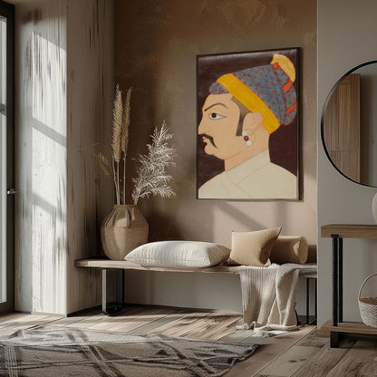 This exquisite artwork captures the regal elegance of a Mughal emperor, showcasing meticulous for hallway