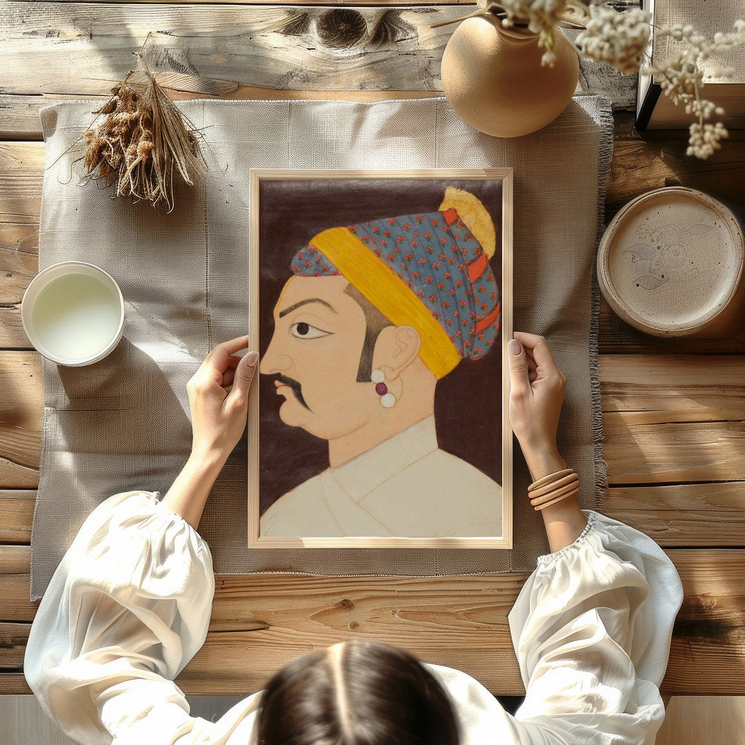 This exquisite artwork captures the regal elegance of a Mughal emperor, showcasing meticulous for Kitchen