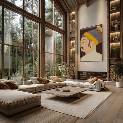 This exquisite artwork captures the regal elegance of a Mughal emperor, showcasing meticulous for Living Room