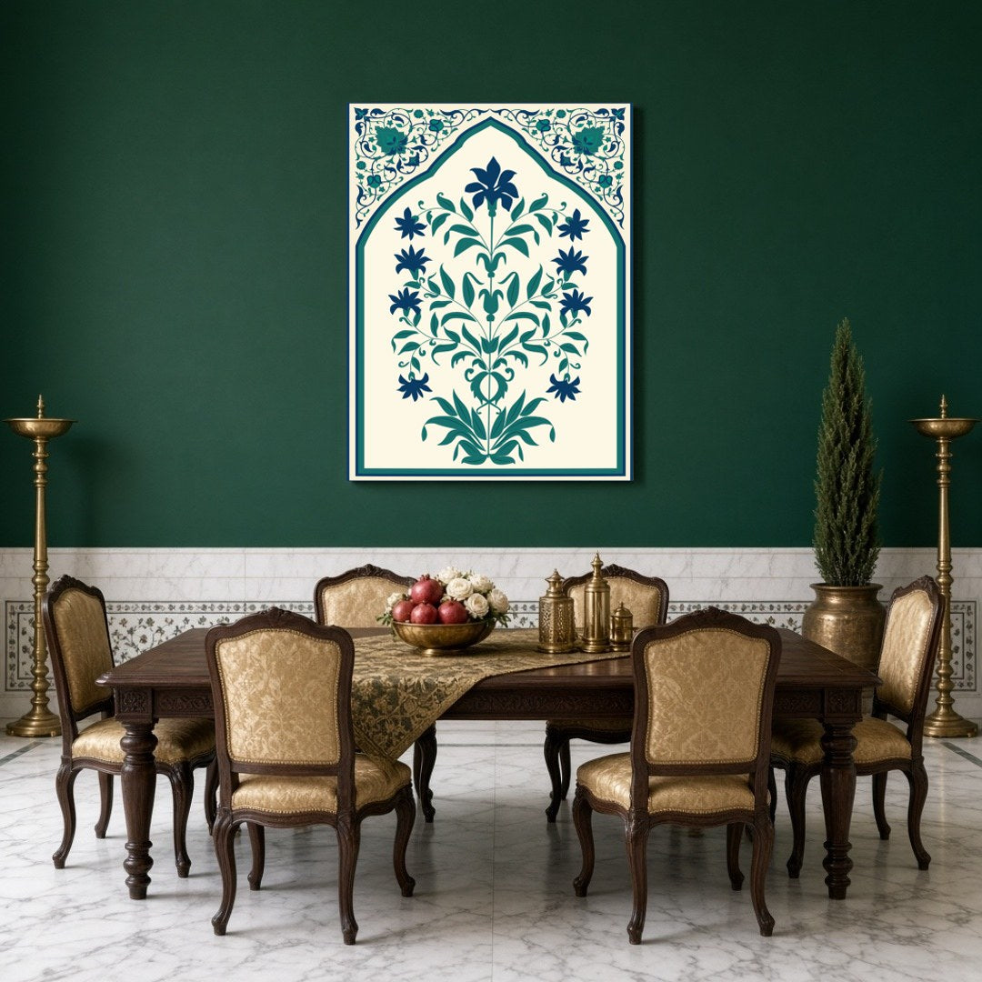 Immerse yourself in the intricate world of Indo-Mughal art with this captivating floral design, for Dining