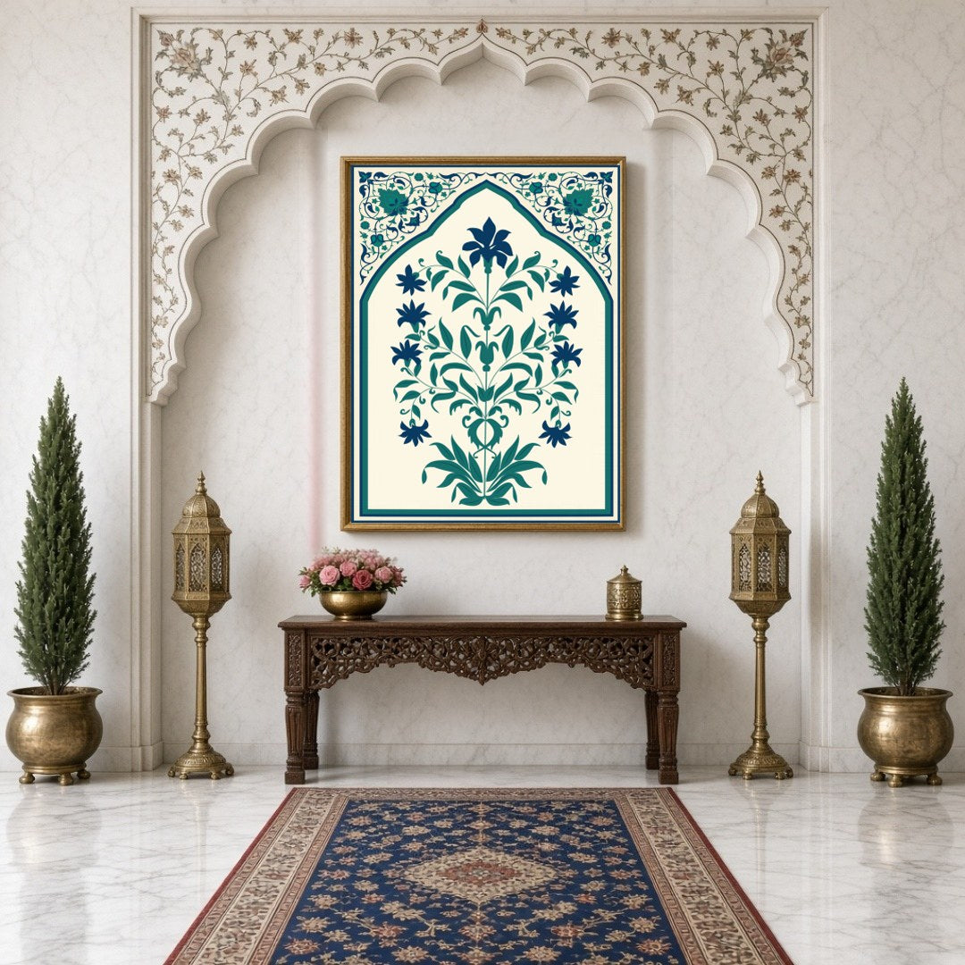 Immerse yourself in the intricate world of Indo-Mughal art with this captivating floral design, for Hallway