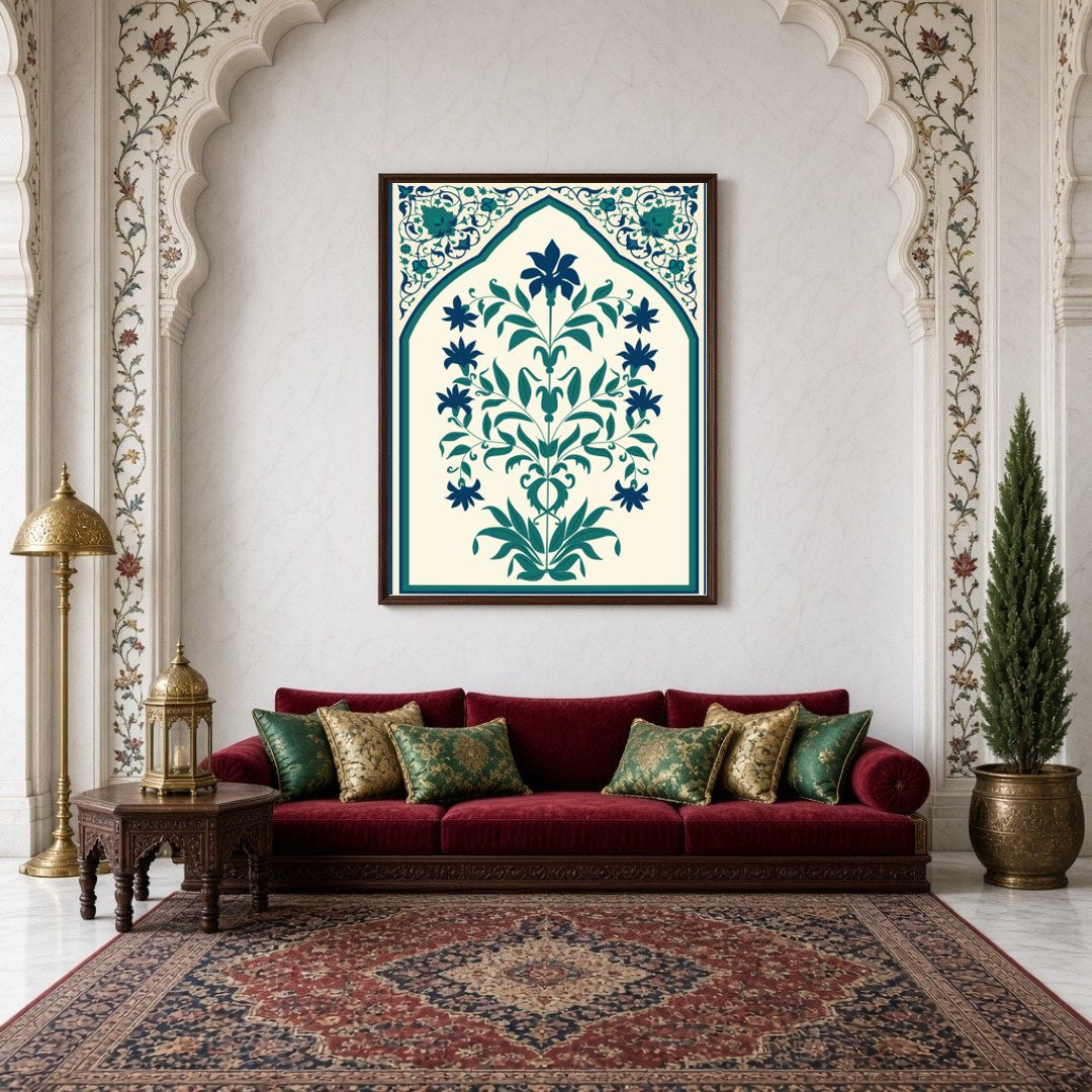 Immerse yourself in the intricate world of Indo-Mughal art with this captivating floral design, for Living Room