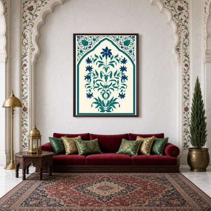 Immerse yourself in the intricate world of Indo-Mughal art with this captivating floral design, for Living Room