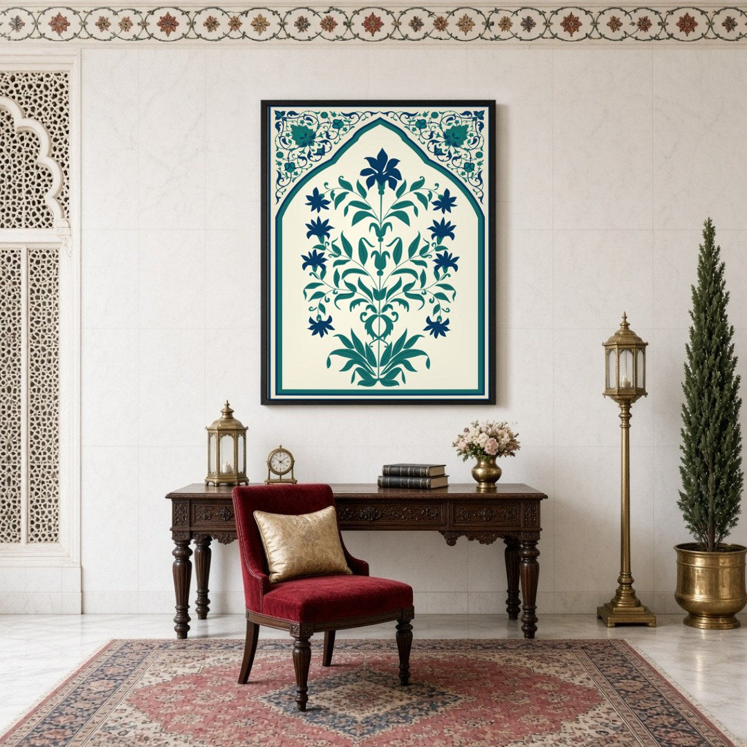 Immerse yourself in the intricate world of Indo-Mughal art with this captivating floral design, for Study