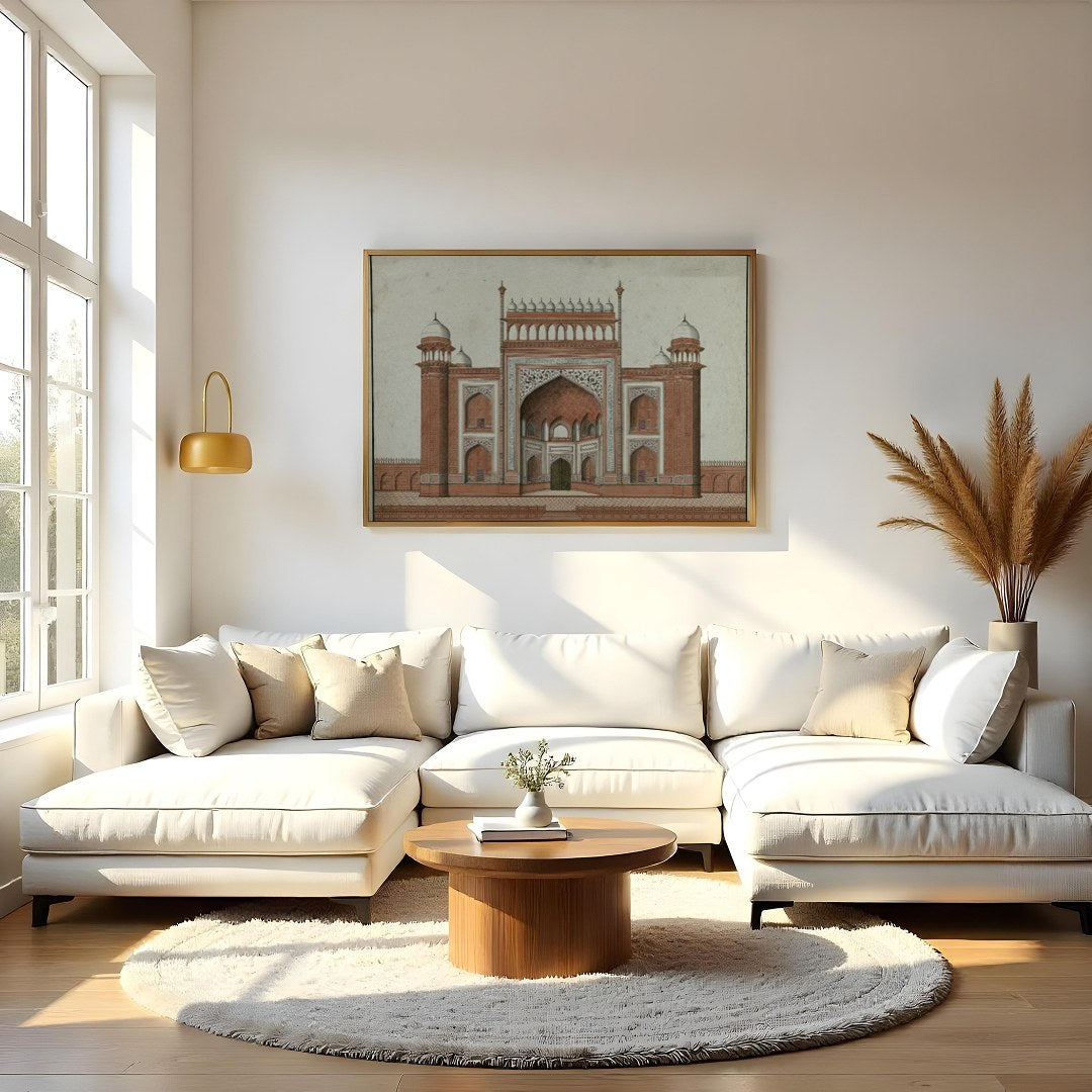 Experience the grandeur of Mughal architecture with this stunning depiction of a traditional for Living Room