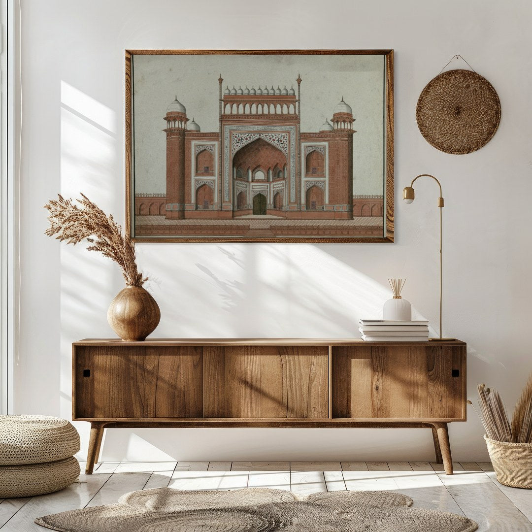 Experience the grandeur of Mughal architecture with this stunning depiction of a traditional for Sitting Area