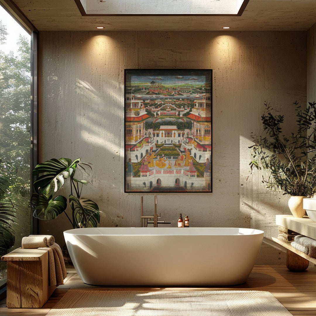Immerse yourself in the grandeur of this Mughal-era painting, capturing the intricate architecture for Bathroom