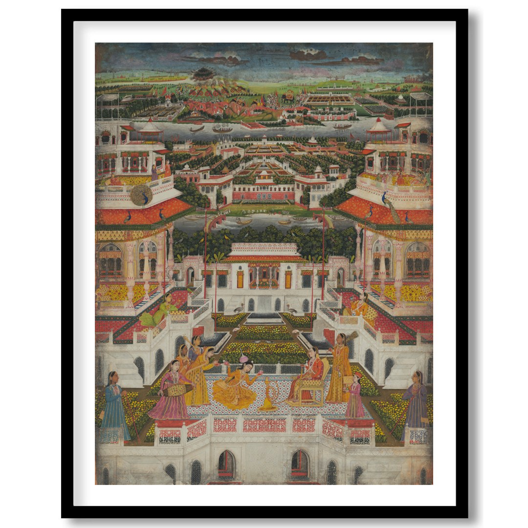 Immerse yourself in the grandeur of this Mughal-era painting, capturing the intricate architecture for bedroom