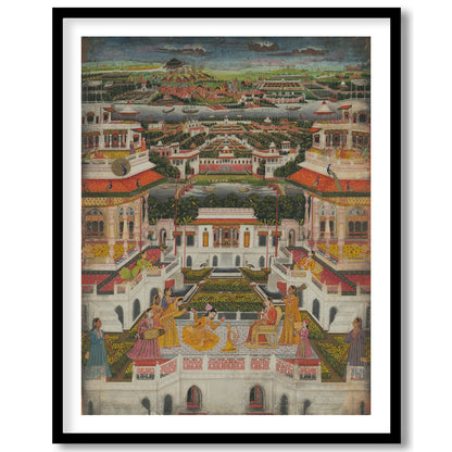 Immerse yourself in the grandeur of this Mughal-era painting, capturing the intricate architecture for bedroom