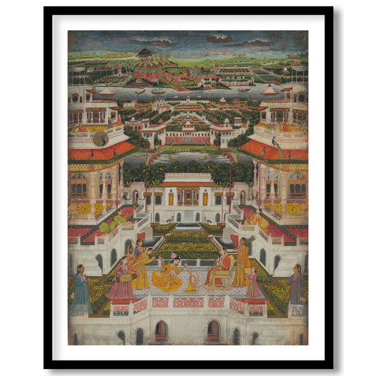 Immerse yourself in the grandeur of this Mughal-era painting, capturing the intricate architecture for bedroom