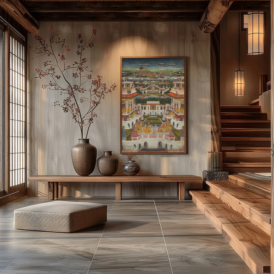 Immerse yourself in the grandeur of this Mughal-era painting, capturing the intricate architecture for Hall