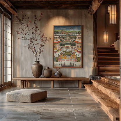 Immerse yourself in the grandeur of this Mughal-era painting, capturing the intricate architecture for Hall