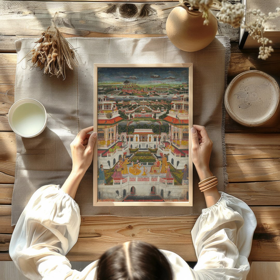 Immerse yourself in the grandeur of this Mughal-era painting, capturing the intricate architecture for Kitchen