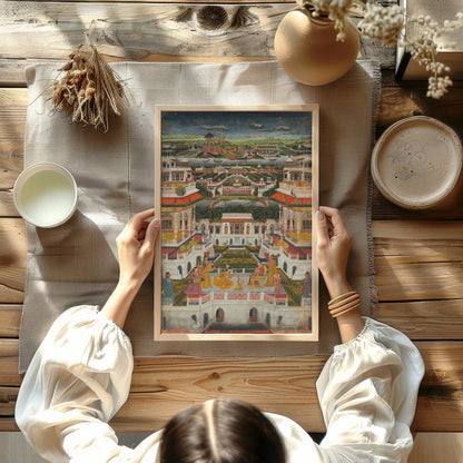 Immerse yourself in the grandeur of this Mughal-era painting, capturing the intricate architecture for Kitchen