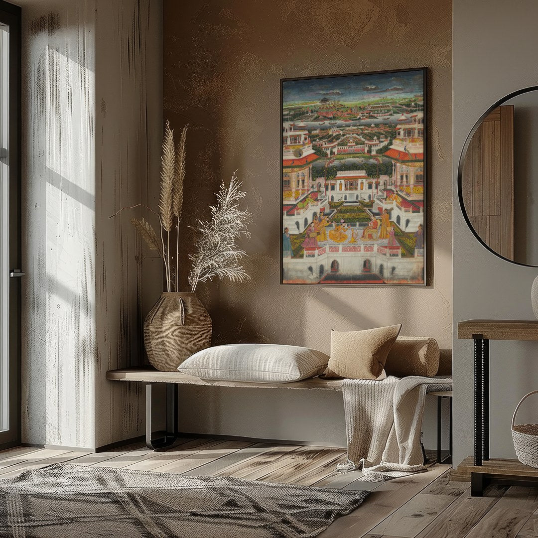 Immerse yourself in the grandeur of this Mughal-era painting, capturing the intricate architecture for retreat