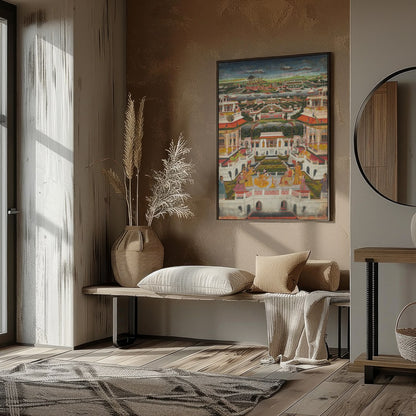 Immerse yourself in the grandeur of this Mughal-era painting, capturing the intricate architecture for retreat