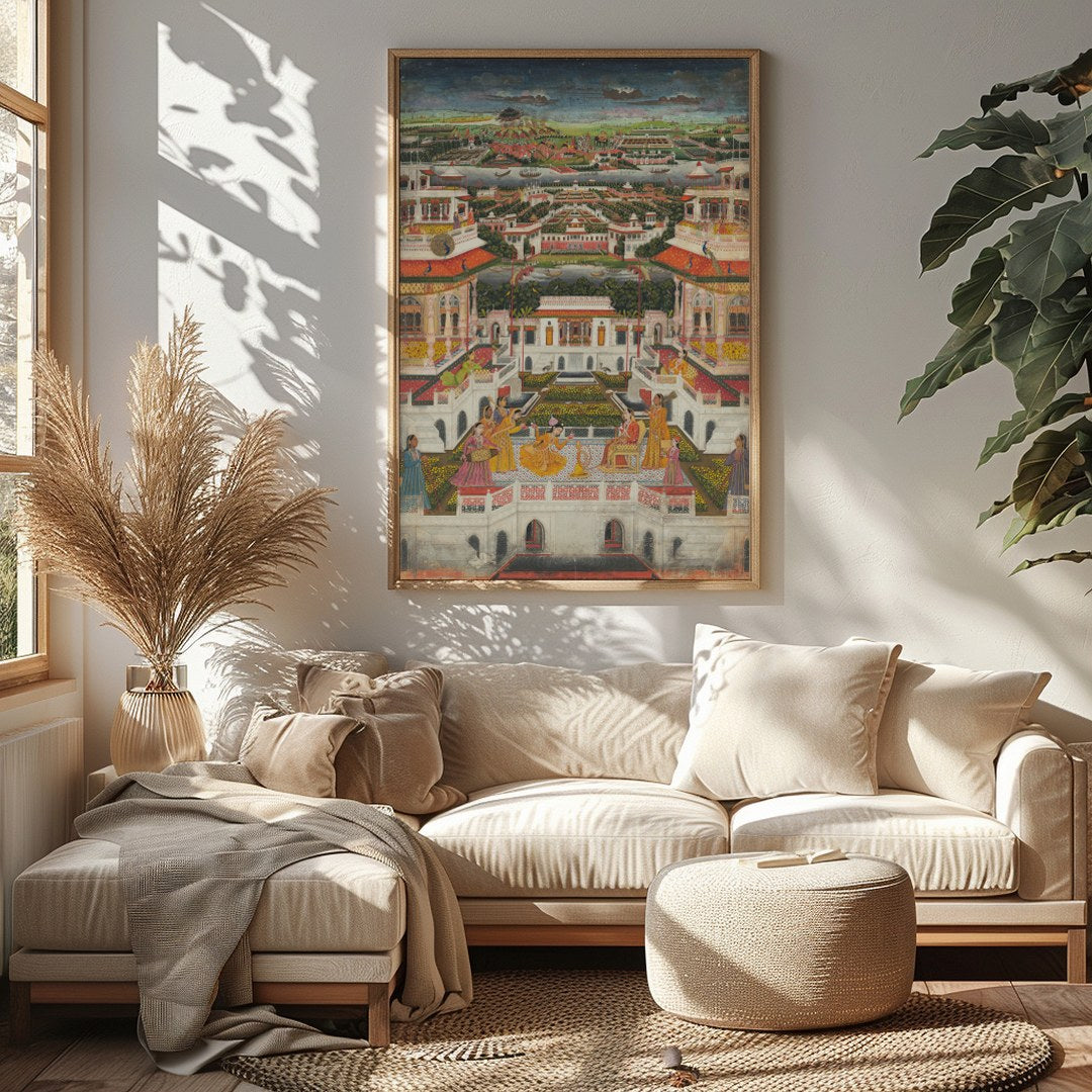 Immerse yourself in the grandeur of this Mughal-era painting, capturing the intricate architecture for Sitting Area