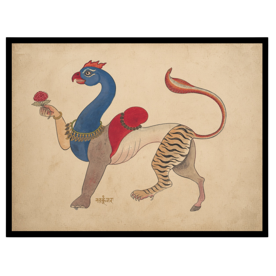 Experience the enchanting blend of mythology and artistry with this Navagunjara Pichwai art. for bedroom