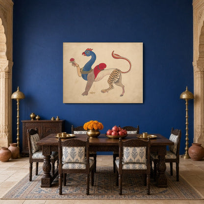 Experience the enchanting blend of mythology and artistry with this Navagunjara Pichwai art. for Dining