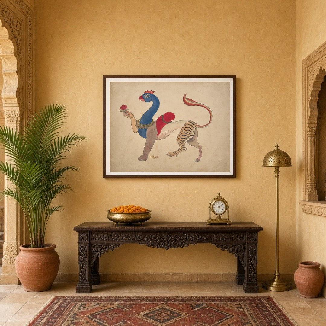 Experience the enchanting blend of mythology and artistry with this Navagunjara Pichwai art. for Entrance