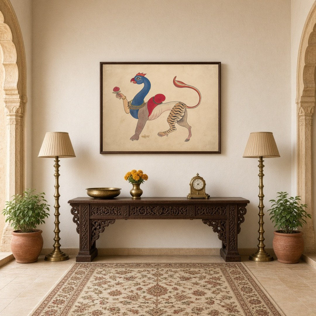 Experience the enchanting blend of mythology and artistry with this Navagunjara Pichwai art. for Hallway