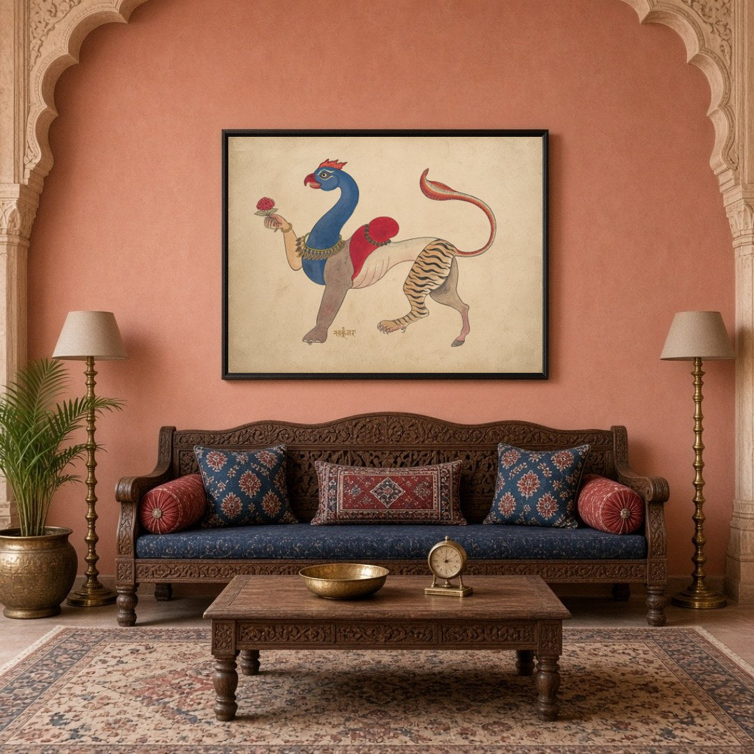 Experience the enchanting blend of mythology and artistry with this Navagunjara Pichwai art. for Living Room