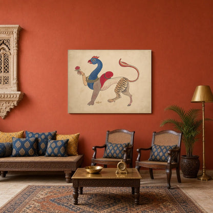 Experience the enchanting blend of mythology and artistry with this Navagunjara Pichwai art. for Sitting Area