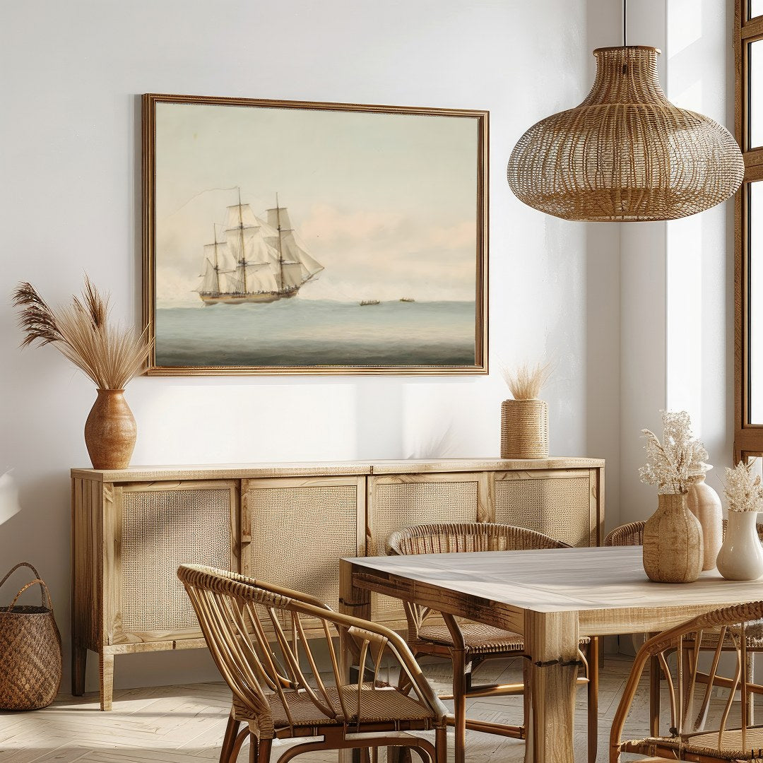 Capture the essence of timeless exploration with this beautiful depiction of a grand ship sailing for Dining
