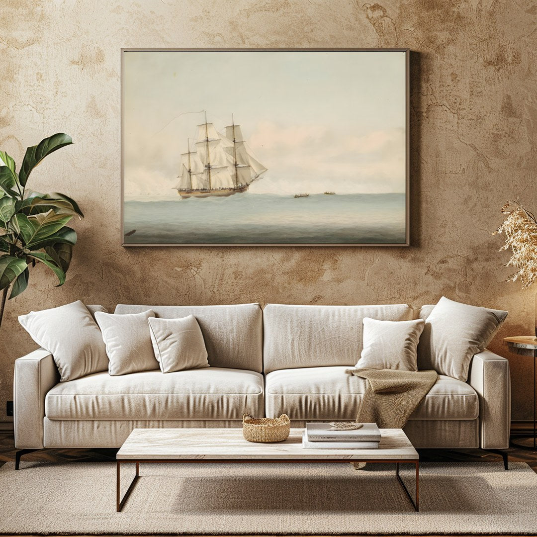 Capture the essence of timeless exploration with this beautiful depiction of a grand ship sailing for Family Room