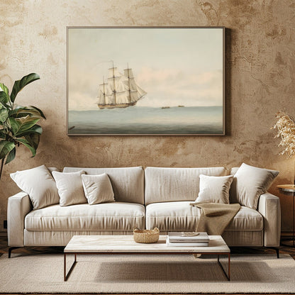 Capture the essence of timeless exploration with this beautiful depiction of a grand ship sailing for Family Room