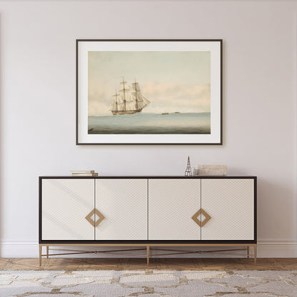 Capture the essence of timeless exploration with this beautiful depiction of a grand ship sailing for Foyer