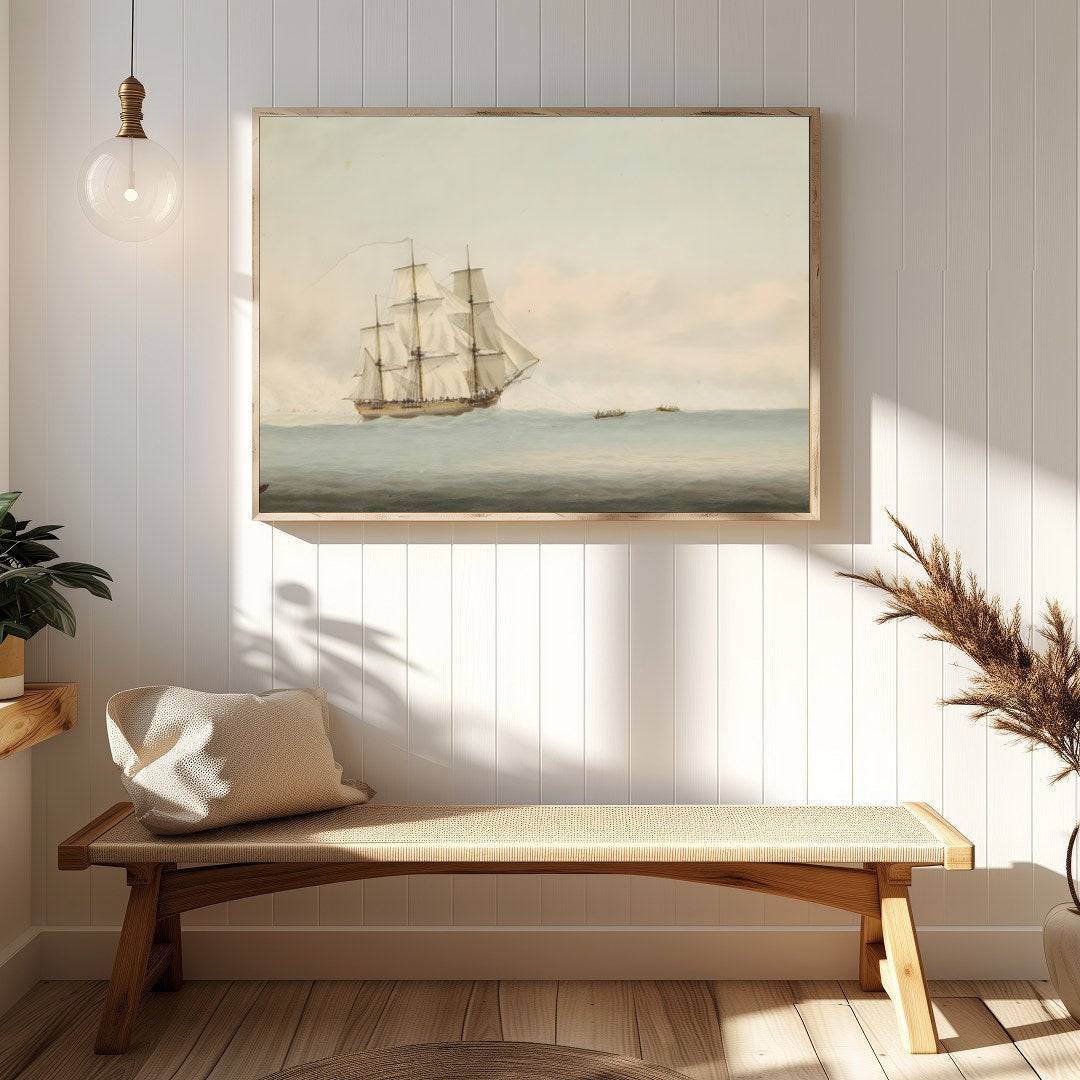 Capture the essence of timeless exploration with this beautiful depiction of a grand ship sailing for Hallway