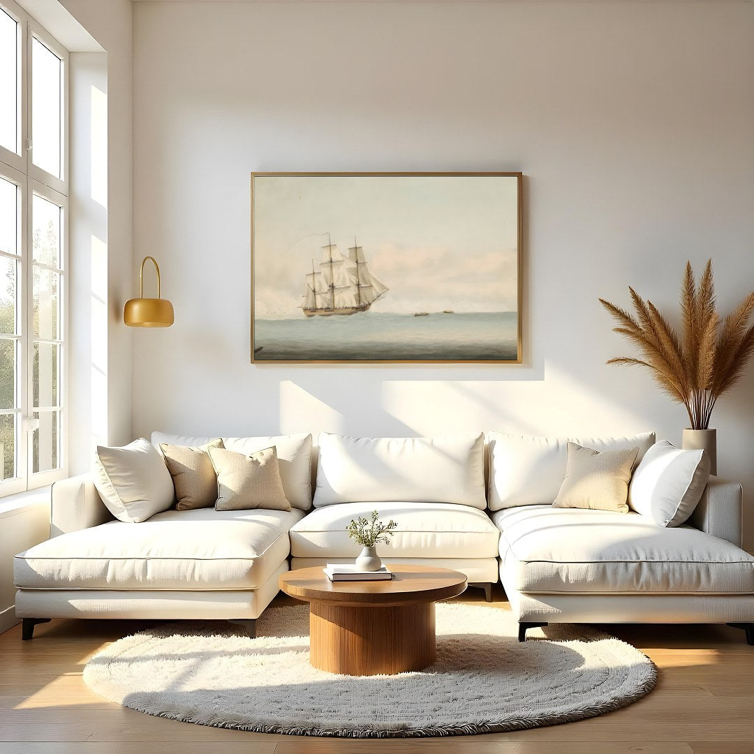 Capture the essence of timeless exploration with this beautiful depiction of a grand ship sailing for Living Room