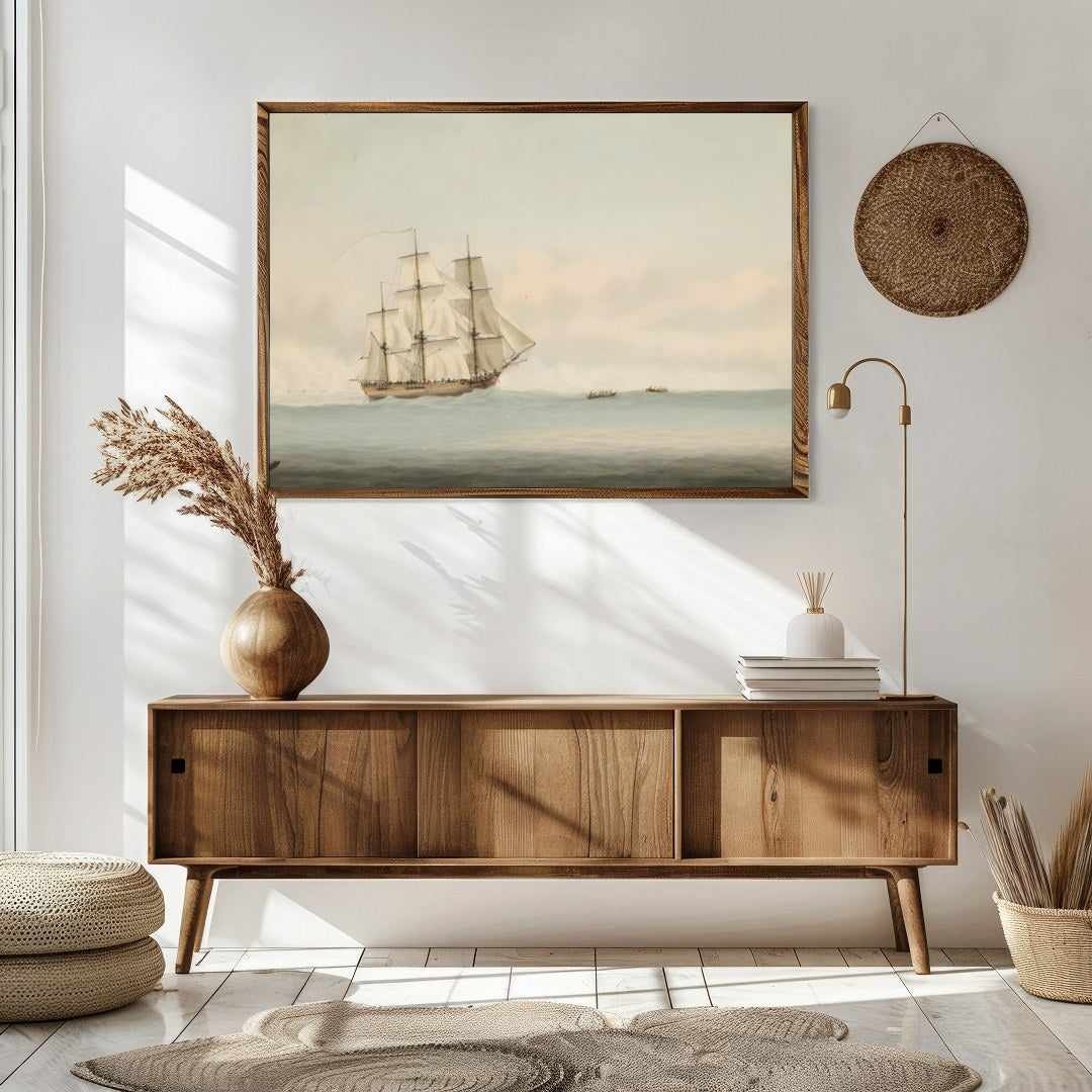 Capture the essence of timeless exploration with this beautiful depiction of a grand ship sailing for Sitting Area